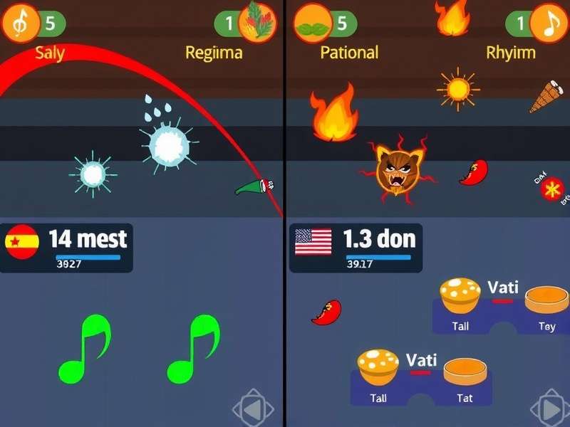 Biryani Beatdown Frenzy gameplay screenshot showing spicy food attacks and rhythm notes